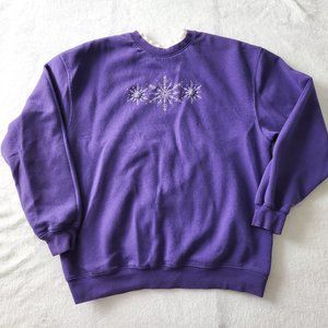 Vintage‎ 90s Purple Snowflake Sweatshirt Rhinestone Layered Look Embroidered XL